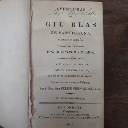 Libro usado en venta: Aventuras de Gil Blas de Santillana de Gil Blas; impreso en 1815 realizamos envios a todo el mundo.1