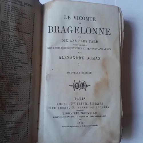Libro usado en venta: Le Vicomte de Bragelonne, Ou Dix Ans Plus Tard Complement Des Trois Mousquetaires de Dumas; Michel Levy Freres 1872.1