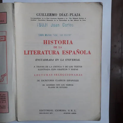 Libro usado en venta: Historia de la Literatura espa?ola, encuadrada en la Universal de Guillermo Diaz Plaja; editorial Ciordia impreso en 1969.1