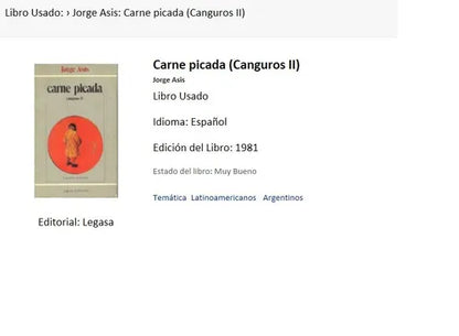 Libro usado en venta: Carne picada (Canguros II) de Jorge Asis; editorial Legasa impreso en 1981 realizamos envios a todo el mundo.1