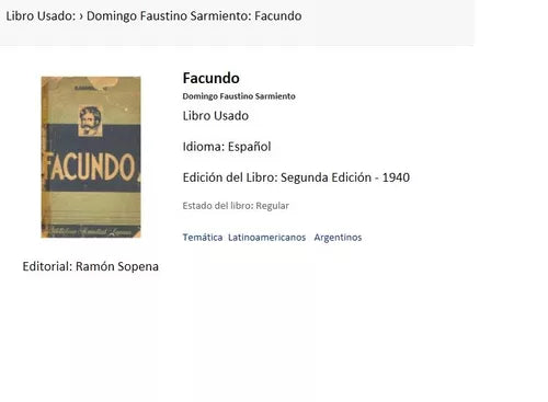 Libro usado en venta: Facundo de Domingo Faustino Sarmiento; editorial Ramon Sopena impreso en 1940 realizamos envios a todo el mundo.1