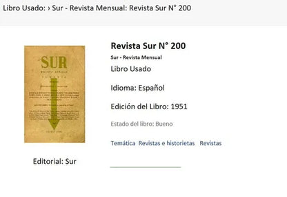 Libro usado en venta: Revista Sur N? 200 de Sur - Revista Mensual; editorial Sur impreso en 1951 realizamos envios a todo el mundo.1