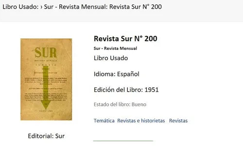 Libro usado en venta: Revista Sur N? 200 de Sur - Revista Mensual; editorial Sur impreso en 1951 realizamos envios a todo el mundo.1