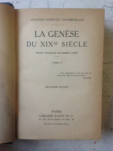 Libro usado en venta: La genese du XIXme Siecle (Tome II) de Houston Stewart Chamberlain; editorial Librairie Payot impreso en 1913.1