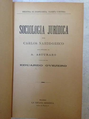 Libro usado en venta: Sociologia juridica de Carlos Nardi-greco; editorial La España Moderna realizamos envios a todo el mundo.1