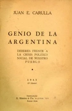 Libro usado en venta: Genio de la argentina de Juan E. Cerulla; editorial R. Medina impreso en 1943 realizamos envios a todo el mundo.1