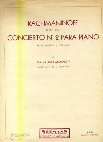 Libro usado en venta: Tema del concierto N? 2 para piano de Sergei Rachmaninoff; editorial Neumann impreso en 1951 realizamos envios a todo el mundo.1