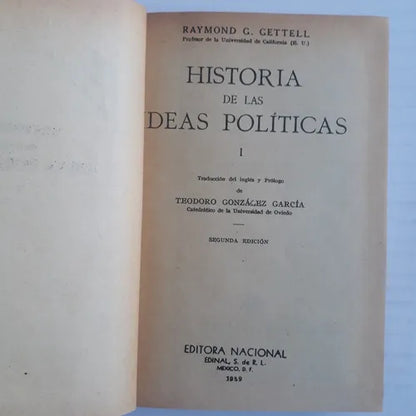 Libro usado en venta: Historia de las ideas politicas (Tomo 1 y 2) de Raymond G. Gettell; editorial Nacional impreso en 1959 envios a todo el mundo.1