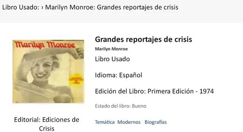 Libro usado en venta: Marilyn Monroe de Grandes reportajes de crisis; editorial Crisis impreso en 1974 realizamos envios a todo el mundo.1
