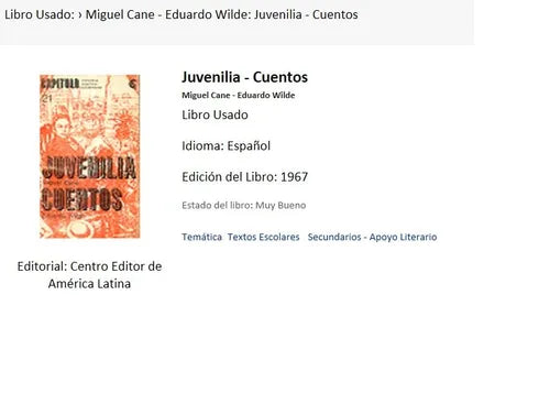 Libro usado en venta: Juvenilia - Cuentos de Miguel Cane - Eduardo Wilde; editorial Centro Editor de America Latina impreso en 1967.1