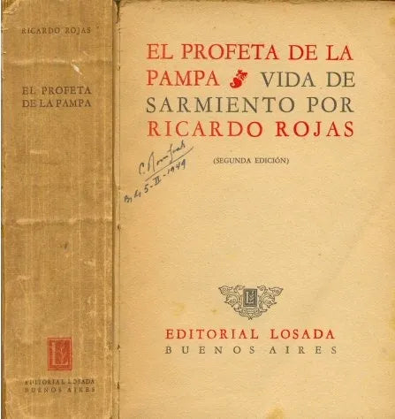 Libro usado en venta: El profeta de la pampa de Ricardo Rojas; editorial Losada impreso en 1948 realizamos envios a todo el mundo.1
