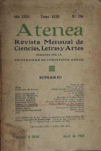 Libro usado en venta: Atenea - A?o XXVI - Tomo XCIII - N? 286 de Varios; editorial Universidad de Concepción - Chile impreso en 1949.1