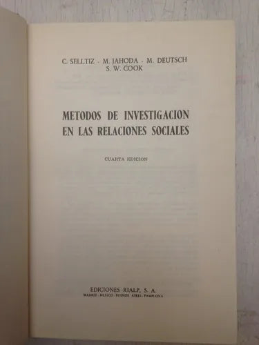 Libro usado en venta: Metodos de investigacion en las relaciones sociales de C. Selltiz; editorial Rialp impreso en 1970 envios a todo el mundo.1