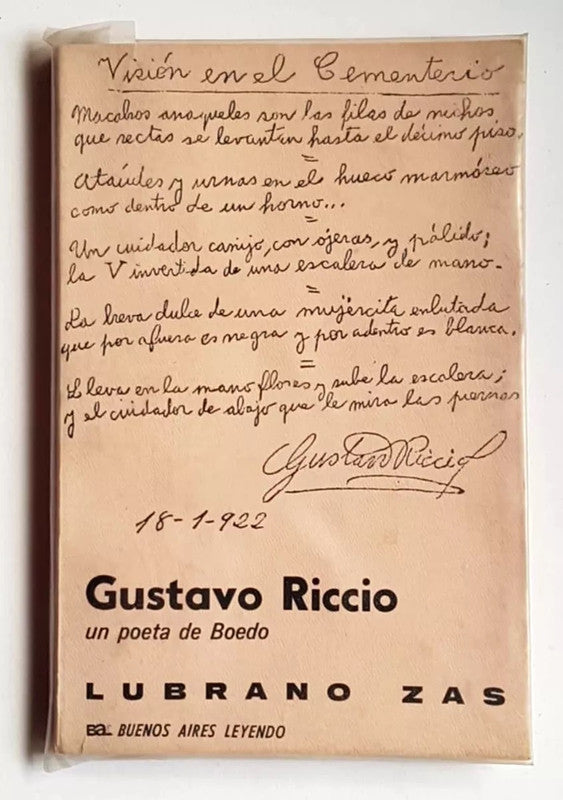 Libro usado en venta: Gustavo Riccio - un poeta de Boedo de Lubrano Zas; editorial Buenos Aires Leyendo impreso en 1969 envios a todo el mundo.1