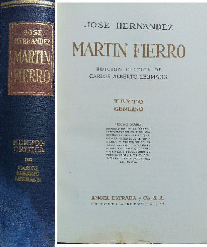 Libro usado en venta: Martin Fierro - Critica de Alberto Leumann de Jose Hernandez; editorial Angel Estrada impreso en 1951 envios a todo el mundo.1