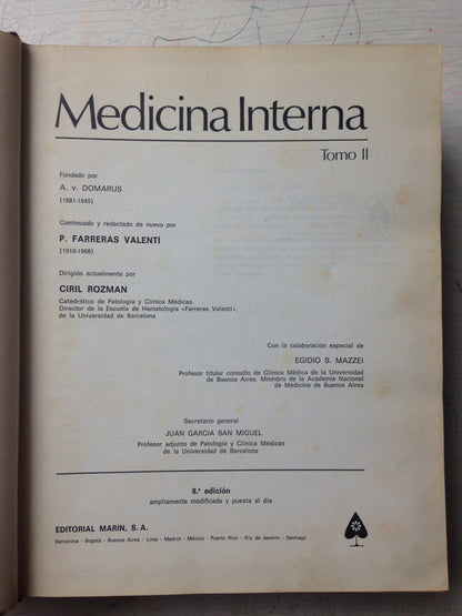 Libro usado en venta: Medicina interna (Solo tomo 2) de Farreras Rozman; editorial Marin impreso en 1974 realizamos envios a todo el mundo.1