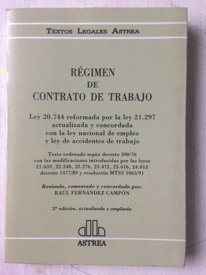 Libro usado en venta: Regimen de contrato de trabajo de Raul Fernandez Campon; editorial Astrea impreso en 1992 realizamos envios a todo el mundo.1