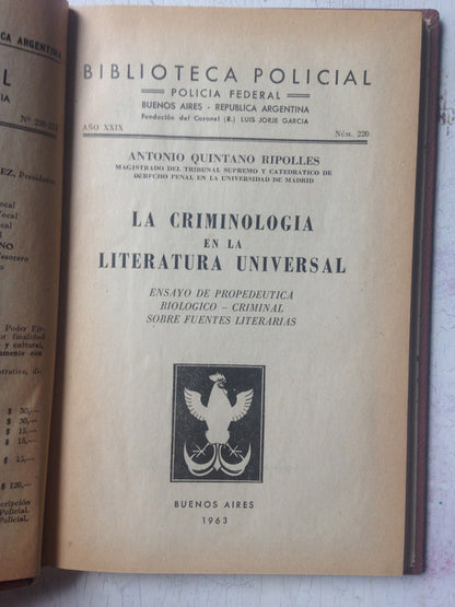 Libro usado en venta: La criminologia en la literatura universal de Antonio Quintano Ripolles; editorial Policial impreso en 1963.1