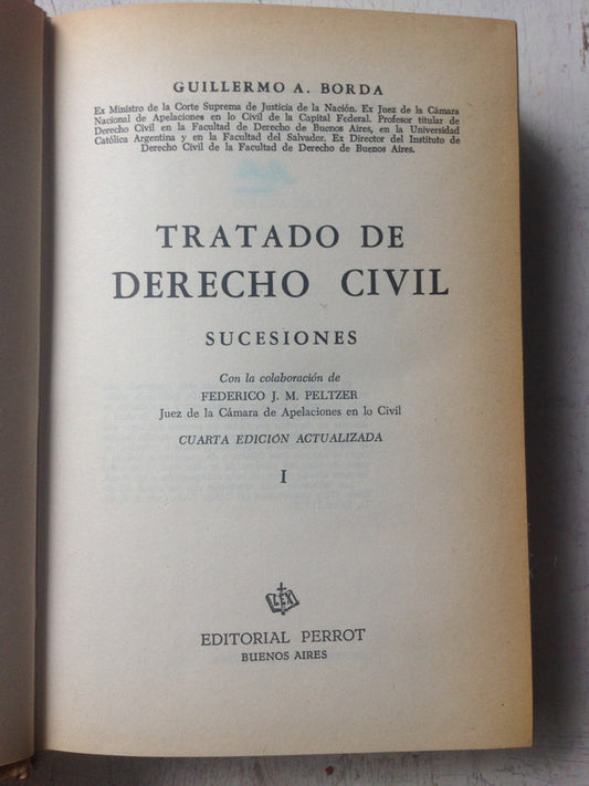 Libro usado en venta: Tratado de derecho civil - Sucesiones (2 Tomos) de Guillermo A. Borda; editorial Perrot impreso en 1975 envios a todo el mundo.1
