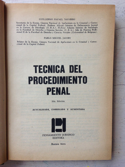 Libro usado en venta: Tecnica del procedimiento penal de Guillermo R. Navarro - Pablo M. Jacoby; editorial Pensamiento Juridico impreso en 1977.1