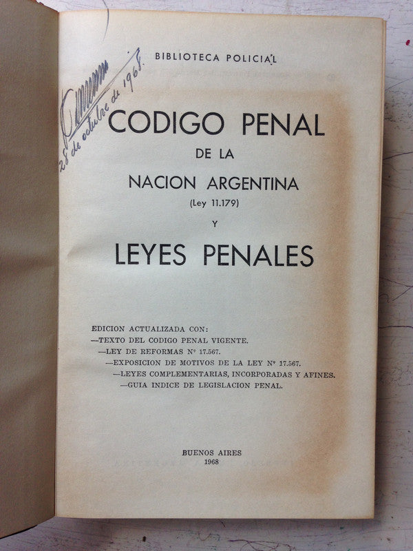 Libro usado en venta: Codigo Penal de la Nacion Argentina y Leyes penales; impreso en 1968 realizamos envios a todo el mundo.3