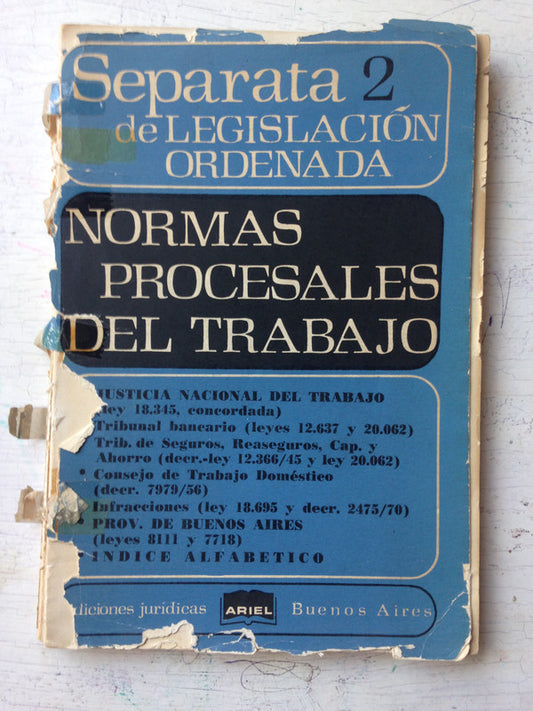 Libro usado en venta: Normas procesales del trabajo de Separata de Legislacion ordenada 2; editorial Ariel impreso en 1977 envios a todo el mundo.1