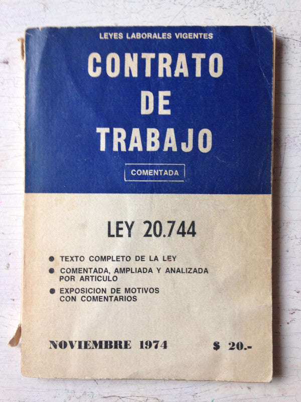 Libro usado en venta: Contrato de trabajo; impreso en 1974 realizamos envios a todo el mundo.1
