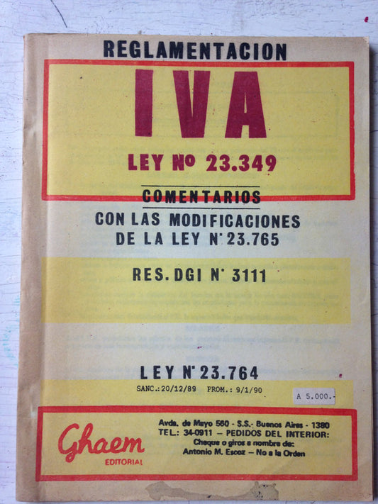 Libro usado en venta: Reglamentacion IVA - Ley N? 23349; editorial Ghaem realizamos envios a todo el mundo.1