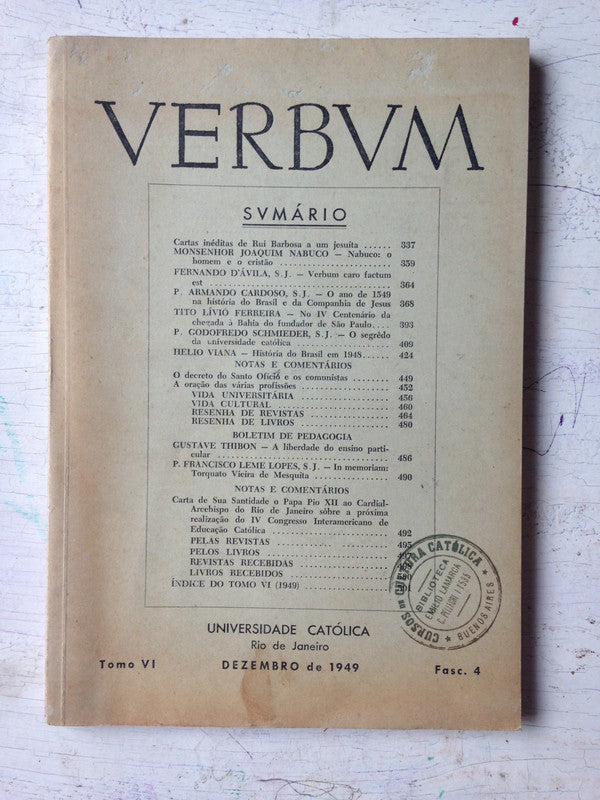 Libro usado en venta: Verbum - Universidade Catolica (Tomo VI); impreso en 1949 realizamos envios a todo el mundo.1