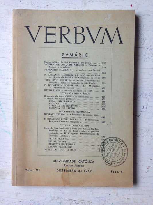 Libro usado en venta: Verbum - Universidade Catolica (Tomo VI); impreso en 1949 realizamos envios a todo el mundo.1