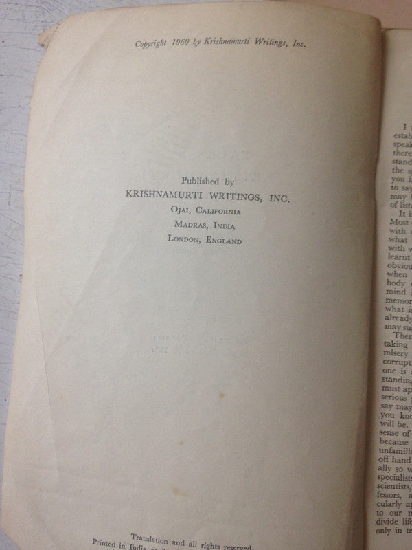 Libro usado en venta: Talks By Krishnamurti in India (A?os 1958-1959-1963) de Jiddu Krishnamurti; editorial Krishnamurti Writings impreso en 1960.3