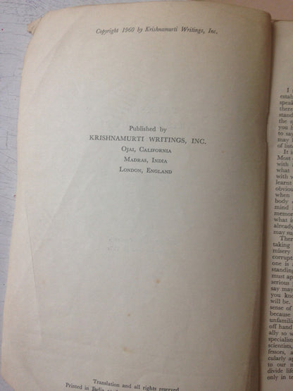 Libro usado en venta: Talks By Krishnamurti in India (A?os 1958-1959-1963) de Jiddu Krishnamurti; editorial Krishnamurti Writings impreso en 1960.3