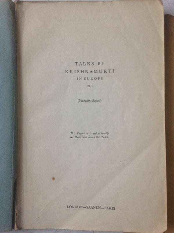 Libro usado en venta: Talks By Krishnamurti (Januery-June 1960) de Jiddu Krishnamurti; editorial Krishnamurti Writings impreso en 1961.2