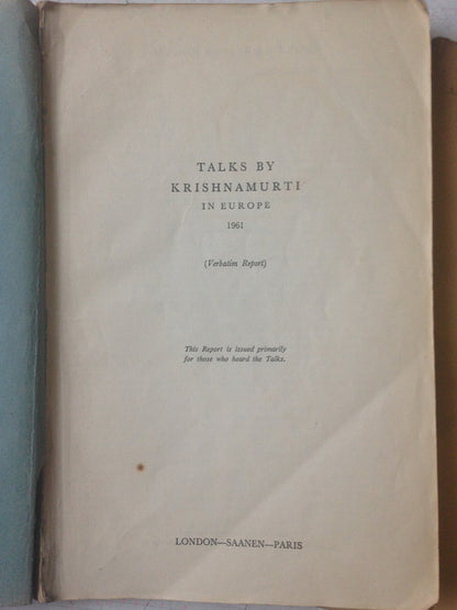 Libro usado en venta: Talks By Krishnamurti (Januery-June 1960) de Jiddu Krishnamurti; editorial Krishnamurti Writings impreso en 1961.2