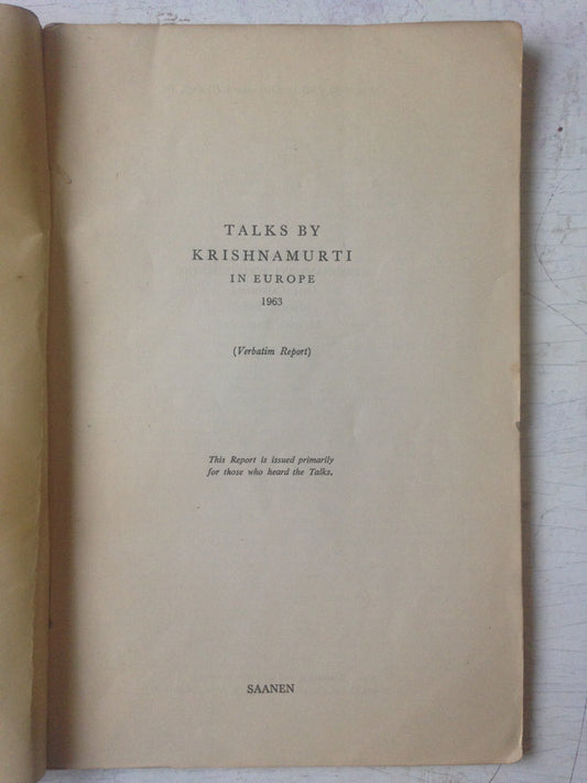 Libro usado en venta: Talks By Krishnamurti in Europe (A?os 1961-1963) de Jiddu Krishnamurti; editorial Krishnamurti Writings impreso en 1962.3