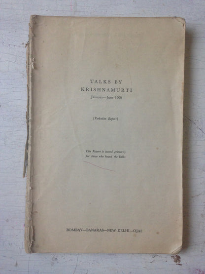 Libro usado en venta: Talks By Krishnamurti (Januery-June 1960) de Jiddu Krishnamurti; editorial Krishnamurti Writings impreso en 1961.1