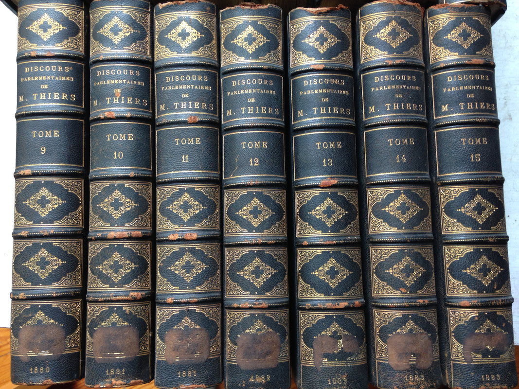 Libro usado en venta: Discours Parlementaires de M. Thiers (Primiere Partie 1830-1836) (15Tomes); editorial Calmann - Levy impreso en 1879.2