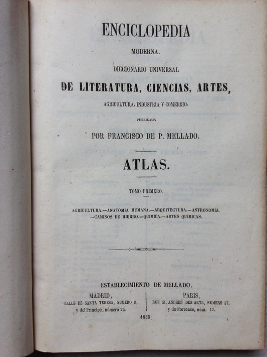 Libro usado en venta: Enciclopedia moderna (34 Tomos) de Francisco de P. Mellado; editorial Establecimiento Tipografico de Mellano impreso en 1851.1