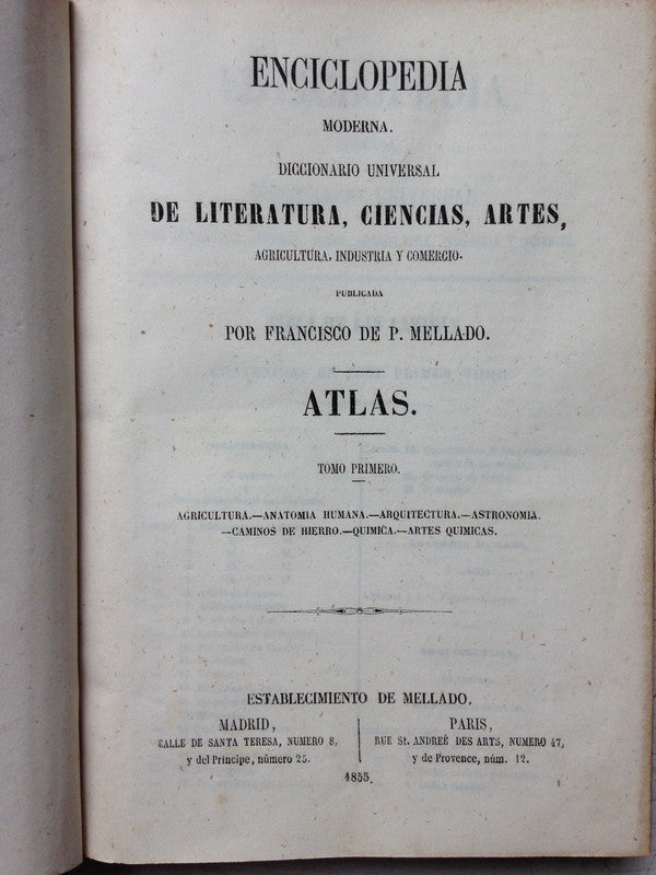 Libro usado en venta: Enciclopedia moderna (34 Tomos) de Francisco de P. Mellado; editorial Establecimiento Tipografico de Mellano impreso en 1851.1