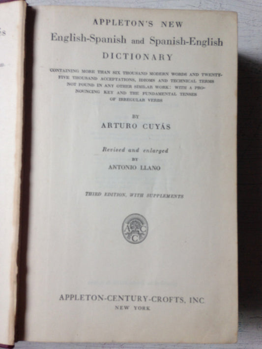 Libro usado en venta: Appleton's new - English-Spanish/Spanish-English de Dictionary; editorial Appleton-Century-Crofts impreso en 1928.1