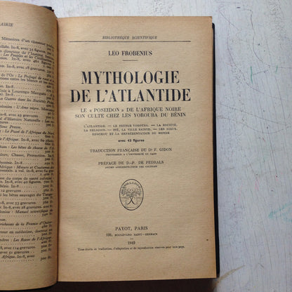 Libro usado en venta: Mythologie d l'atlantide de Leo Frobenius; editorial Payot impreso en 1949 realizamos envios a todo el mundo.1