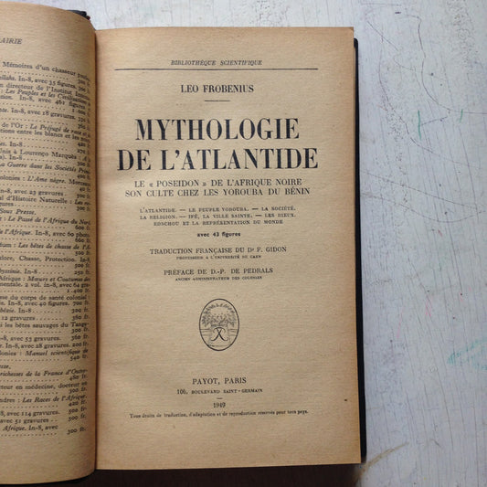 Libro usado en venta: Mythologie d l'atlantide de Leo Frobenius; editorial Payot impreso en 1949 realizamos envios a todo el mundo.1