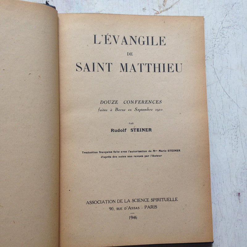 Libro usado en venta: L'Evangile de Saint Matthieu de Rudolf Steiner; editorial Association de La science spirituelle impreso en 1946.1