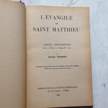 Libro usado en venta: L'Evangile de Saint Matthieu de Rudolf Steiner; editorial Association de La science spirituelle impreso en 1946.1