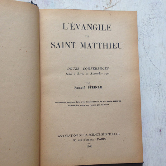 Libro usado en venta: L'Evangile de Saint Matthieu de Rudolf Steiner; editorial Association de La science spirituelle impreso en 1946.1