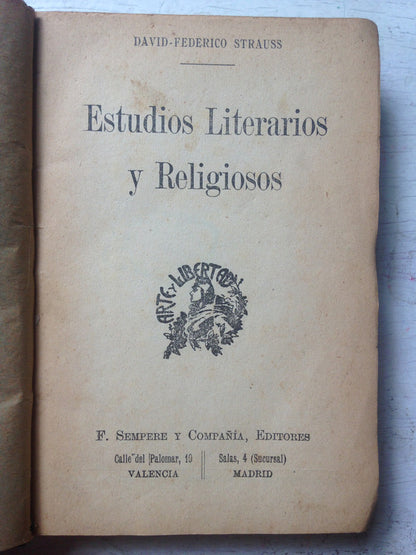 Libro usado en venta: Estudios literarios y religiosos de David Federico Stauss; editorial F. Sempere realizamos envios a todo el mundo.1