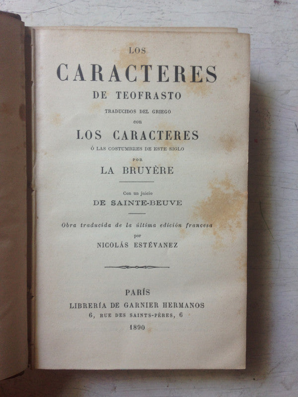 Libro usado en venta: Los caracteres de Teofrasto de La Bruyere; editorial Garnier Hermanos impreso en 1890 realizamos envios a todo el mundo.1