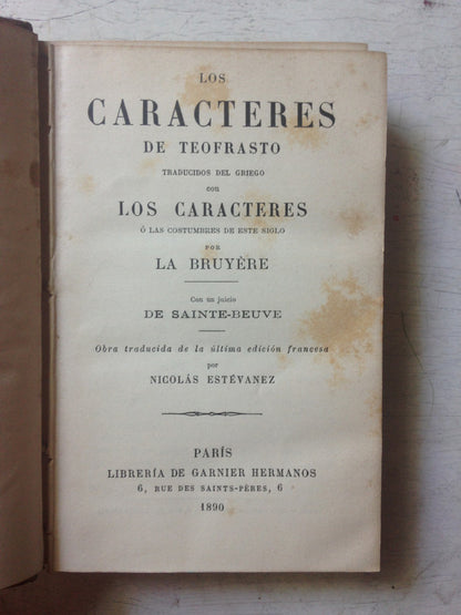 Libro usado en venta: Los caracteres de Teofrasto de La Bruyere; editorial Garnier Hermanos impreso en 1890 realizamos envios a todo el mundo.1