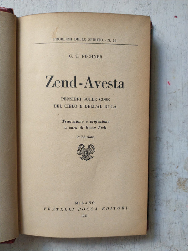 Libro usado en venta: Zend-Avesta, pensieri sulle cose del cielo e dell'al di la de G. T. Fechner; editorial Fratelli Bocca impreso en 1949.1