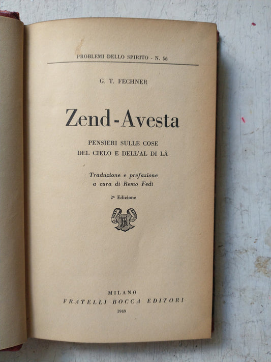 Libro usado en venta: Zend-Avesta, pensieri sulle cose del cielo e dell'al di la de G. T. Fechner; editorial Fratelli Bocca impreso en 1949.1